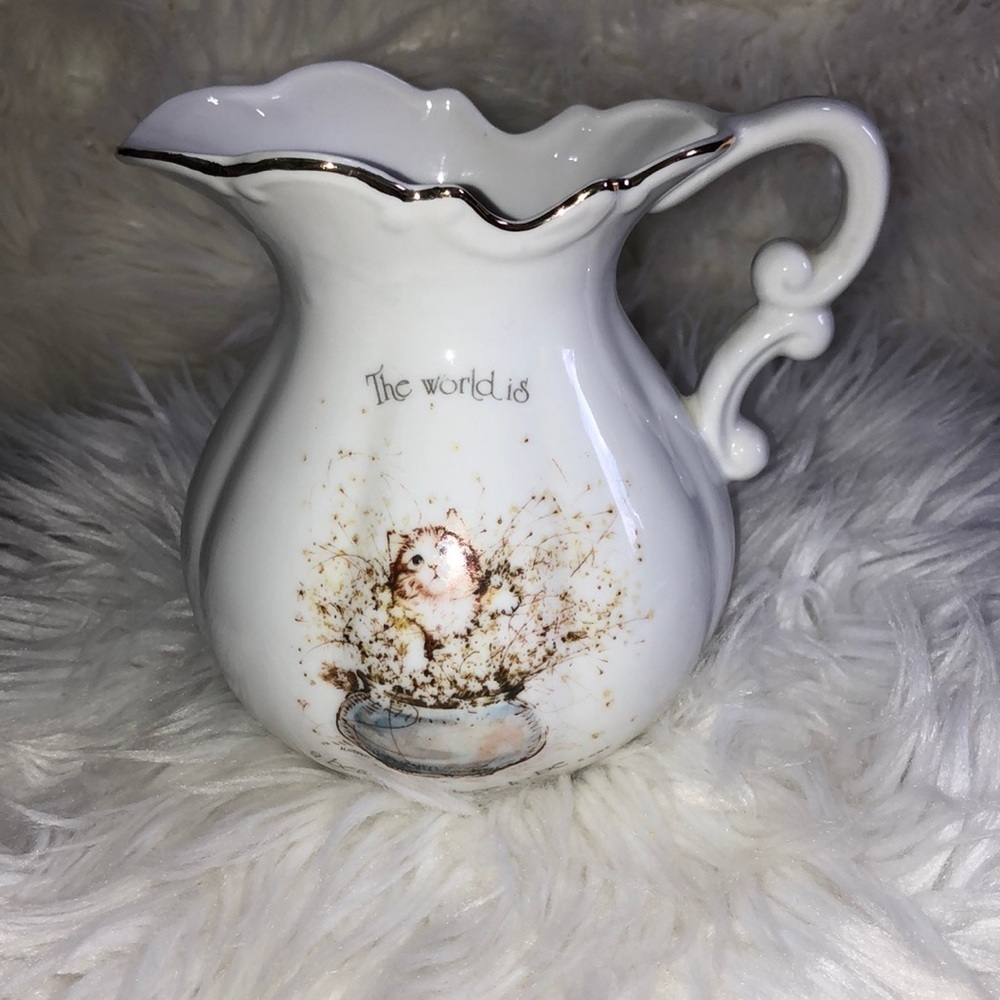 Vintage Holly Hobbie Kitten Porcelain Pitcher Vase 1970s